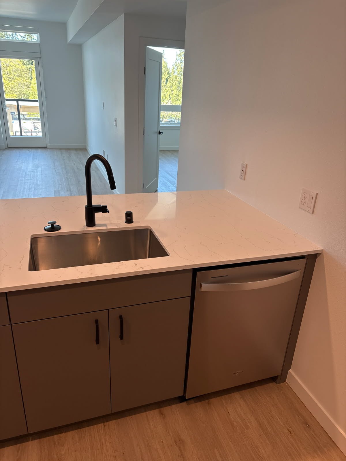Kitchen peninsula — undermount stainless sink, quartz counter, matte black pull-down faucet, stainless dishwasher
